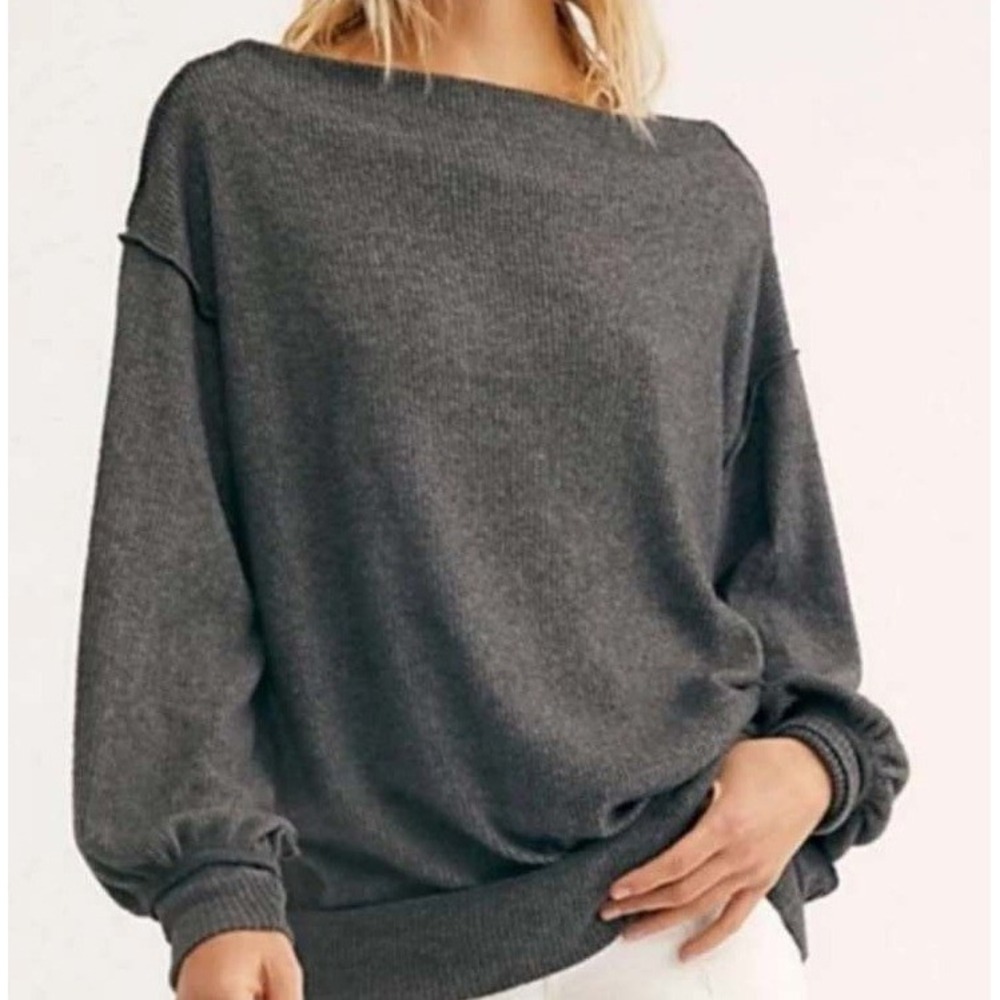 We The Free Free People Main Squeeze Hacci Top Charcoal Grey Ribbed Womens Small